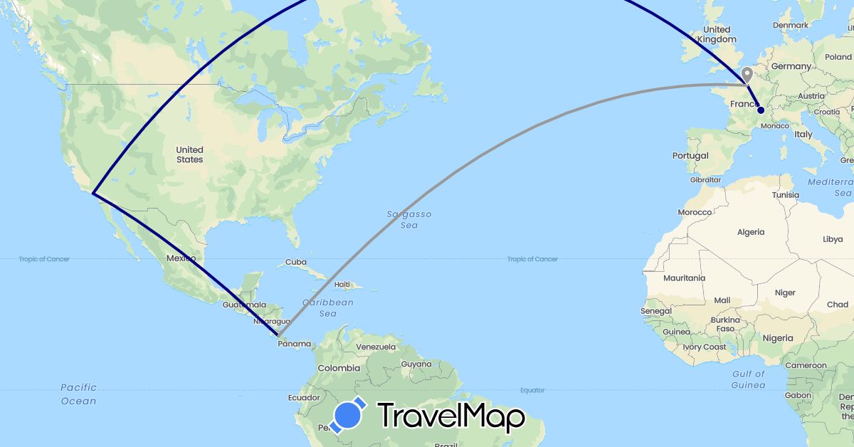 TravelMap itinerary: driving, plane in Costa Rica, France, United States (Europe, North America)