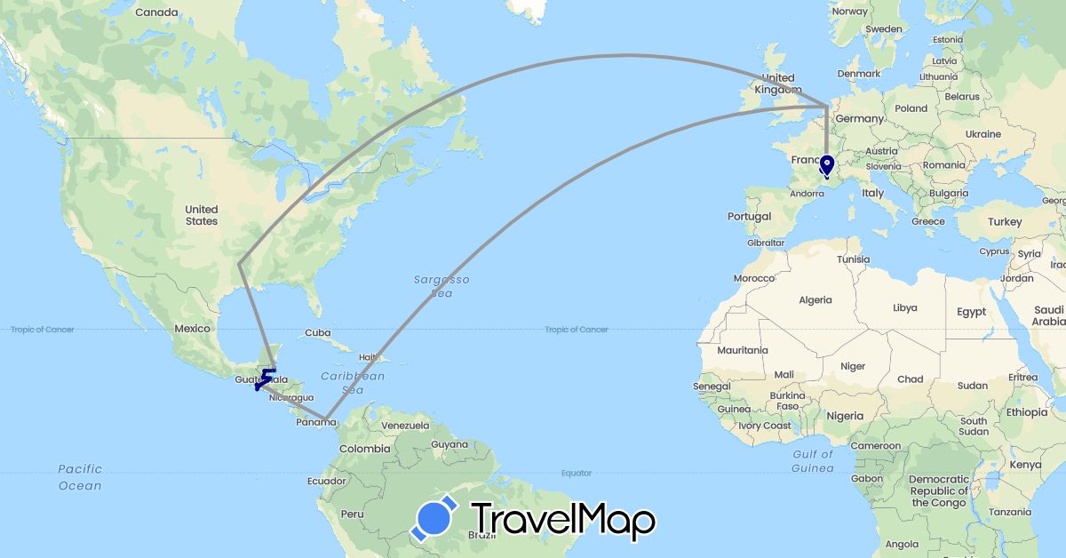 TravelMap itinerary: driving, plane, boat in Belize, France, Guatemala, Netherlands, Panama, United States (Europe, North America)